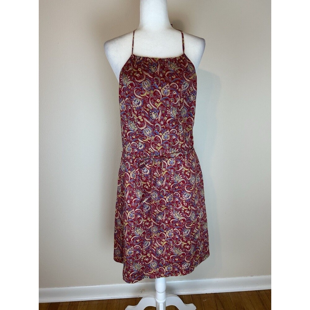 Vintage Express M Halter Ditsy Floral Dress Paisley Red Backless Cotton Peasant